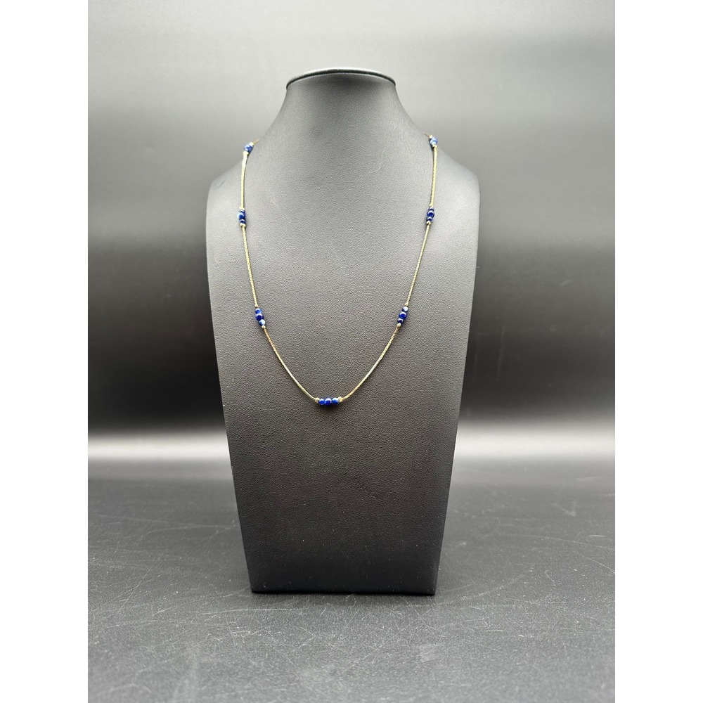 Vintage Korea Gold Tone Blue‎ Beaded Station Necklace 30" Costume Jewelry